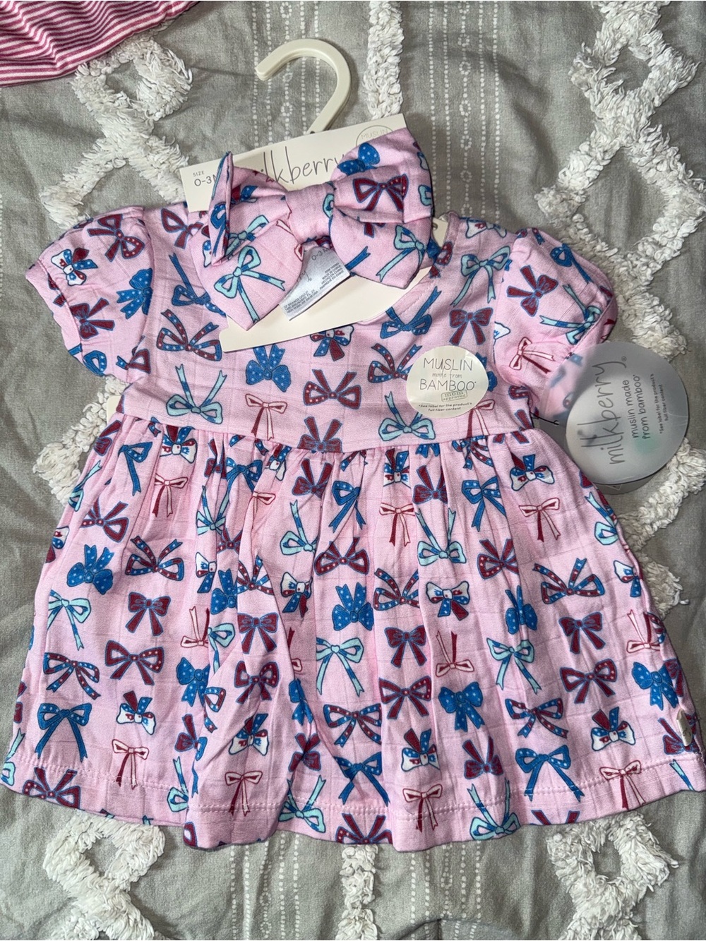 Milkberry Pink Bow-Print Muslin Bamboo Baby Dress